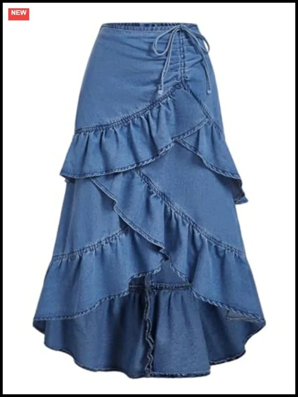 Ruffle Long Denim Maxi Skirt High Waisted Asymmetrical Tiered Boho Western